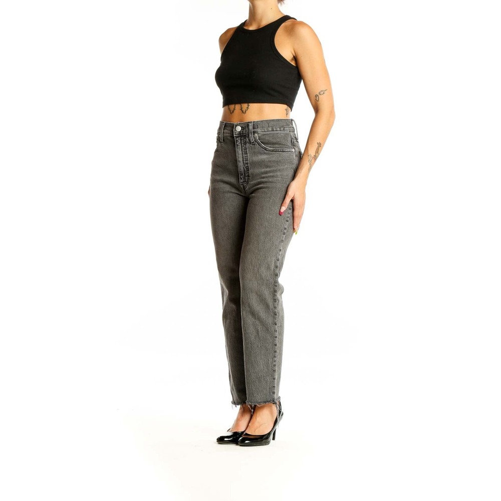 Madwell High Rise The Perfect Vintage Straight Jeans Sz 31 Washed Black Raw Hem